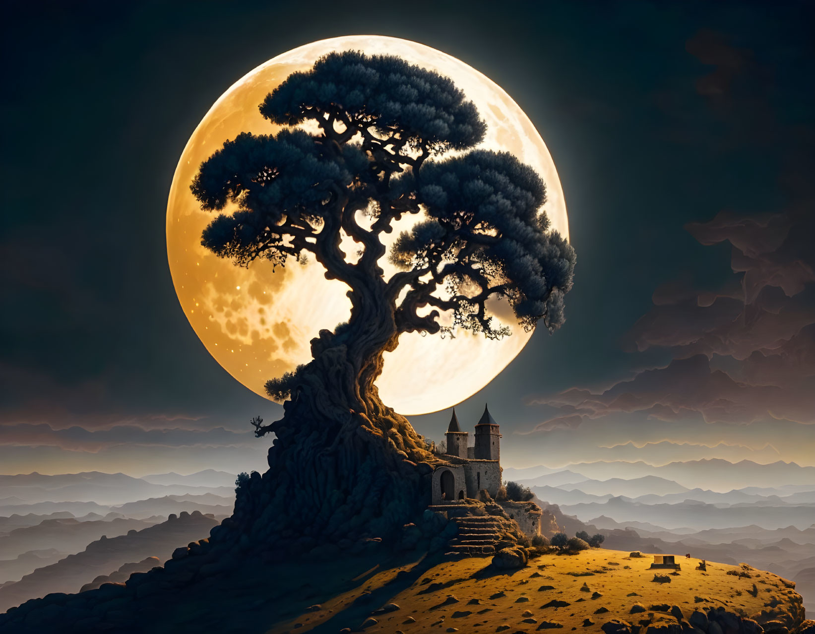 Mystical landscape with large moon, ancient tree, castle, and sea of clouds