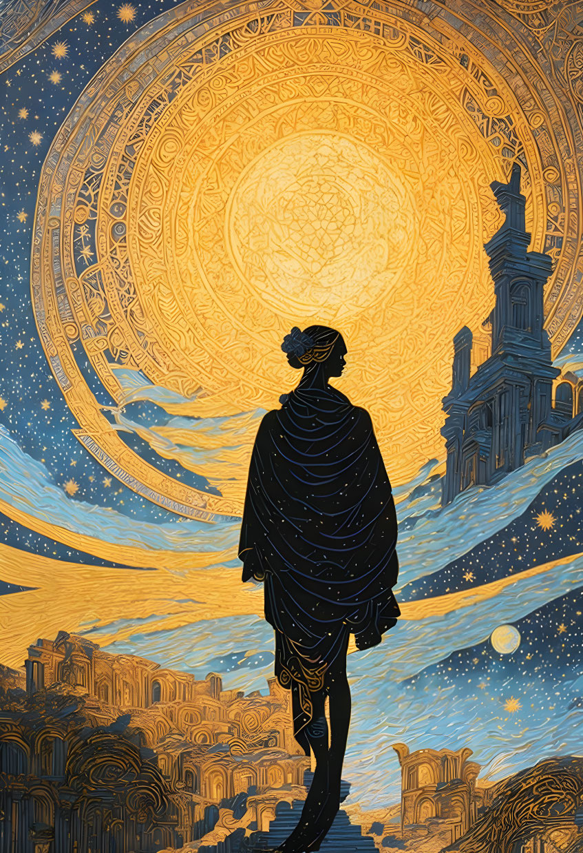 Figure in cloak gazes at celestial mandala with ancient city backdrop