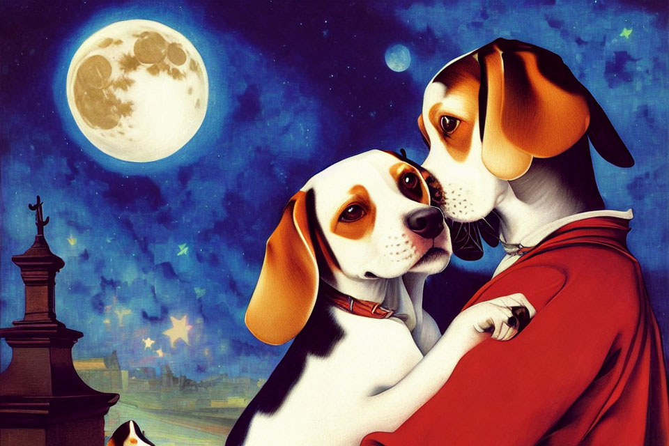 Cartoon dogs under full moon on starry night sky