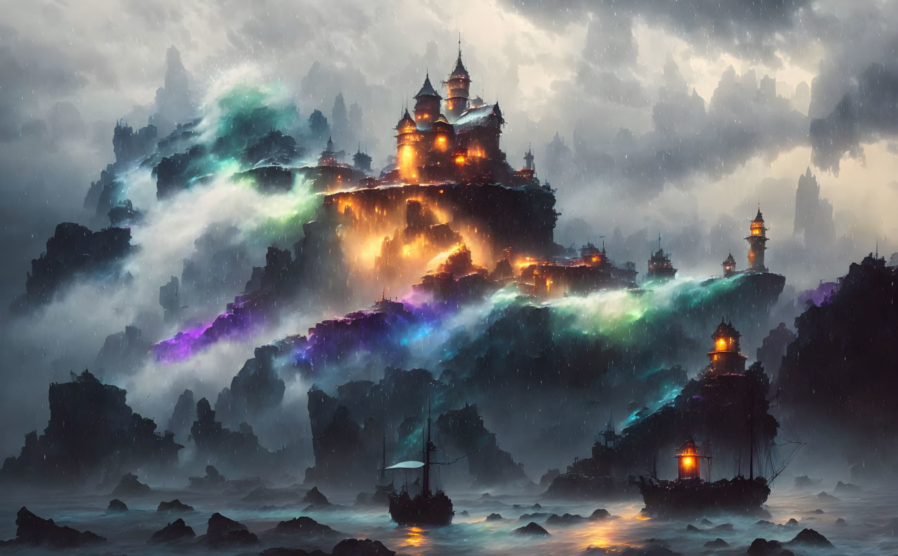 Luminous castle mountain above misty sea with sailboat