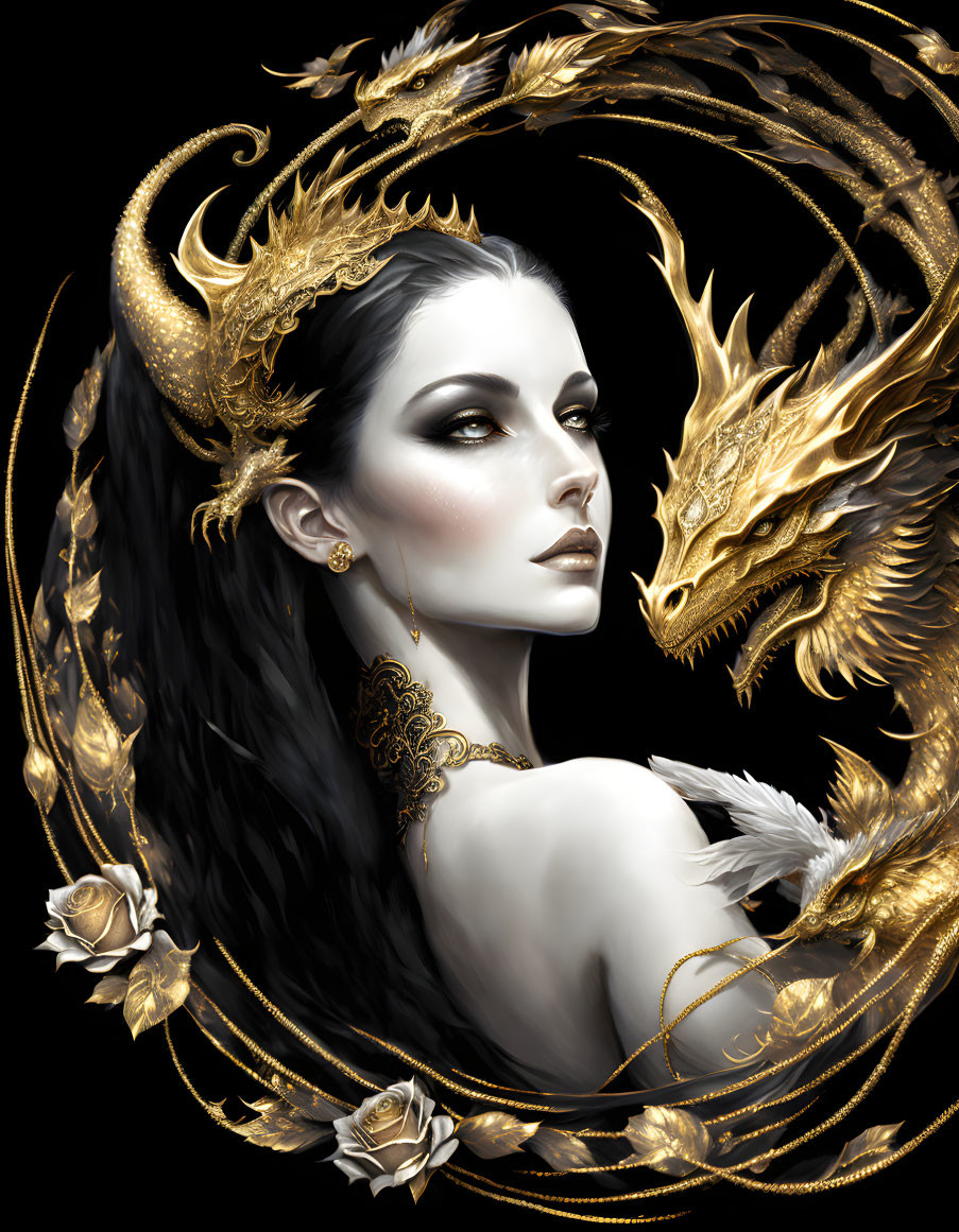 Fantasy portrait of pale woman with dark hair, golden dragons, and roses