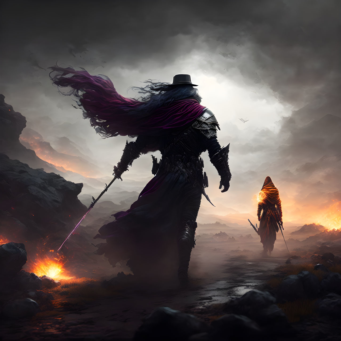 Cloaked figure with glowing sword in dramatic rocky landscape