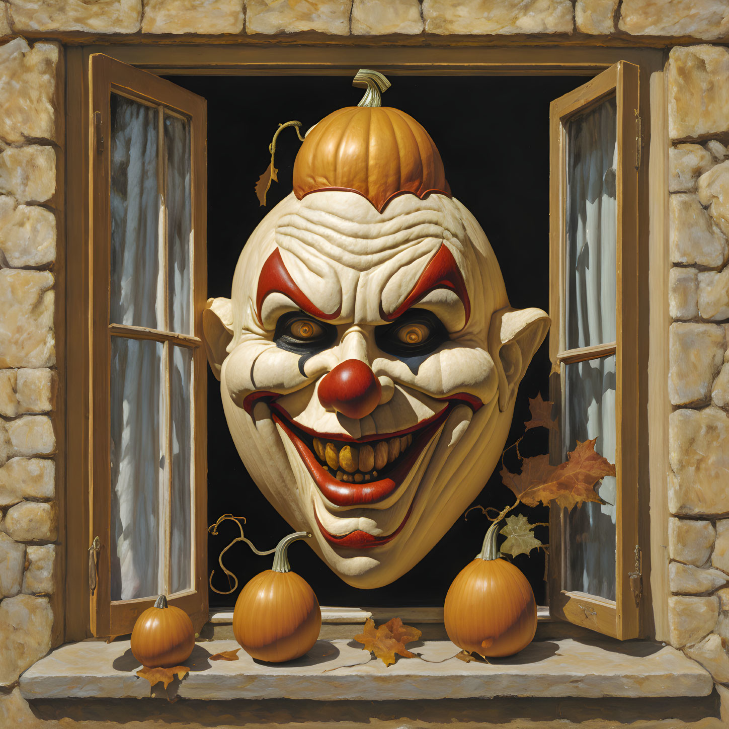 Creepy clown mask with pumpkin head in stone window with pumpkins and autumn leaves