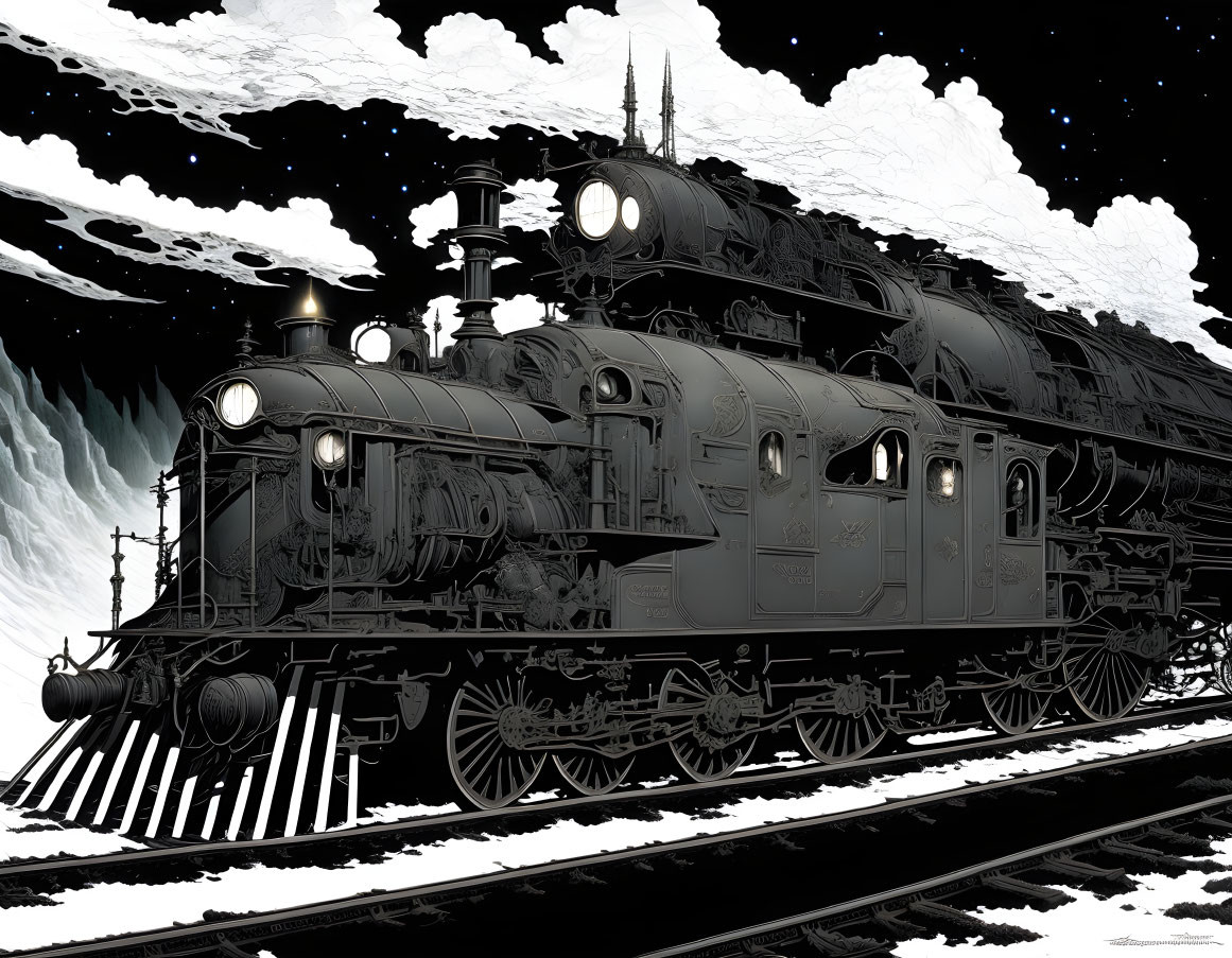 Detailed black and white vintage steam locomotive illustration on starry night background