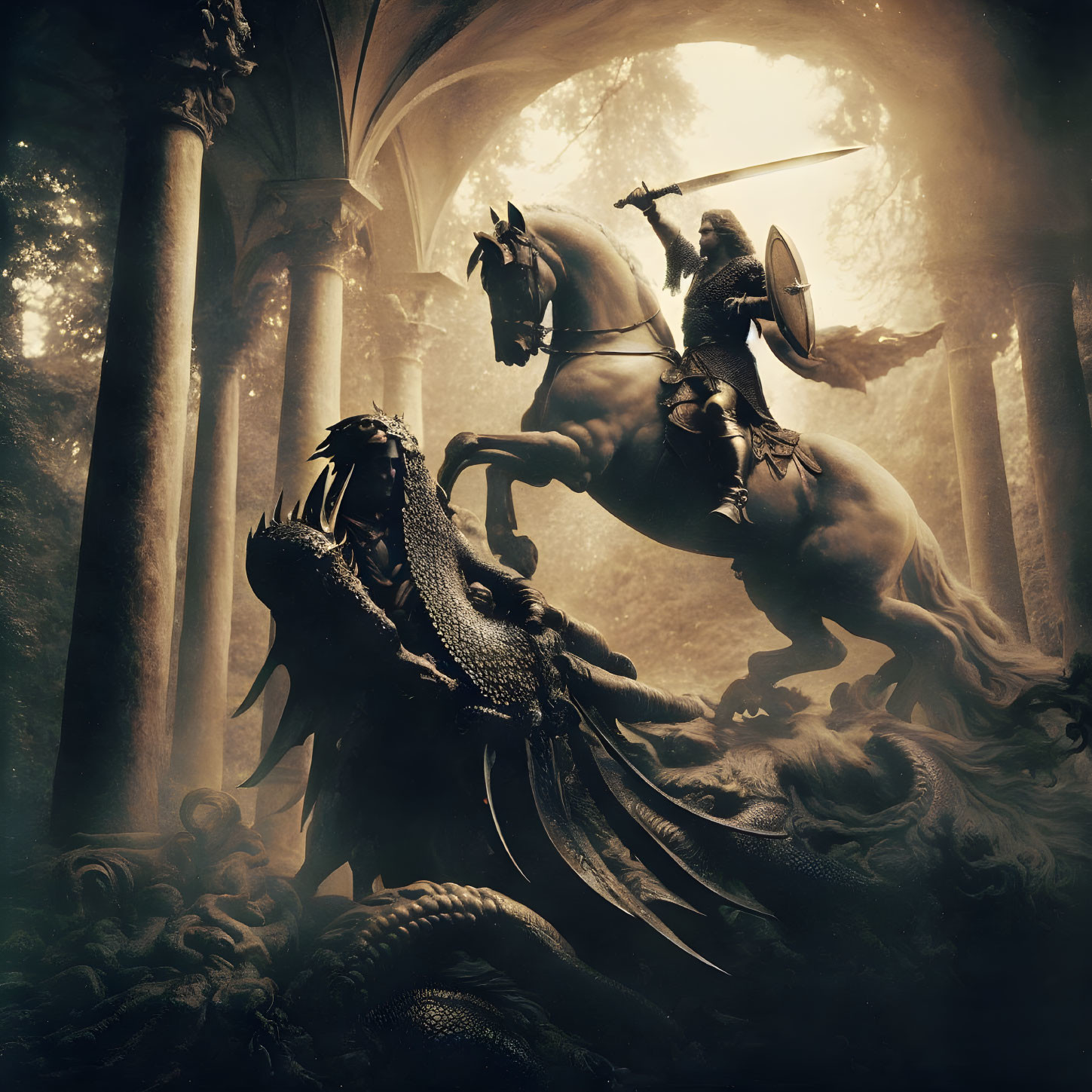 Knight on Horseback Confronts Dragon in Misty Gothic Landscape