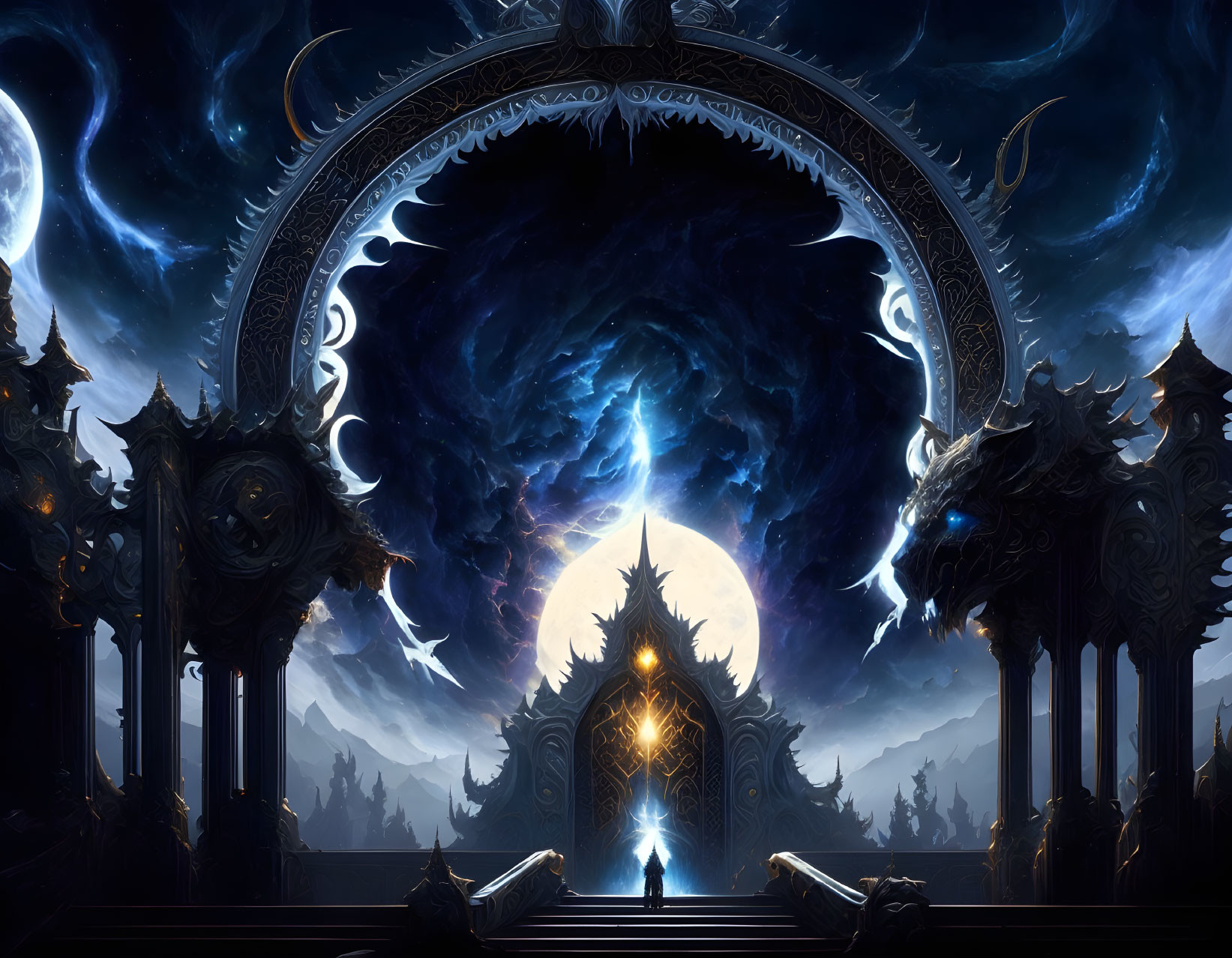 Solitary figure at ornate gate under cosmic sky with moon and dark spires