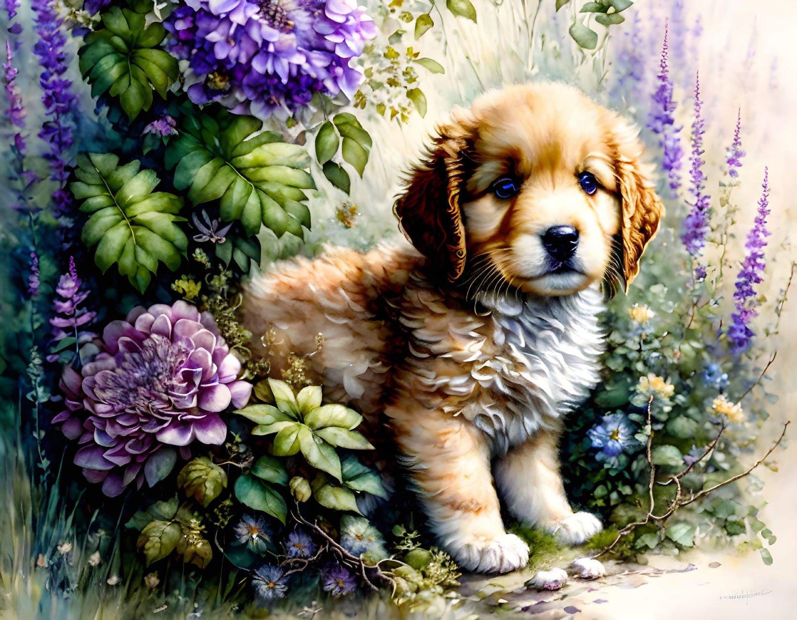 Fluffy Brown and White Puppy Surrounded by Blooming Flowers