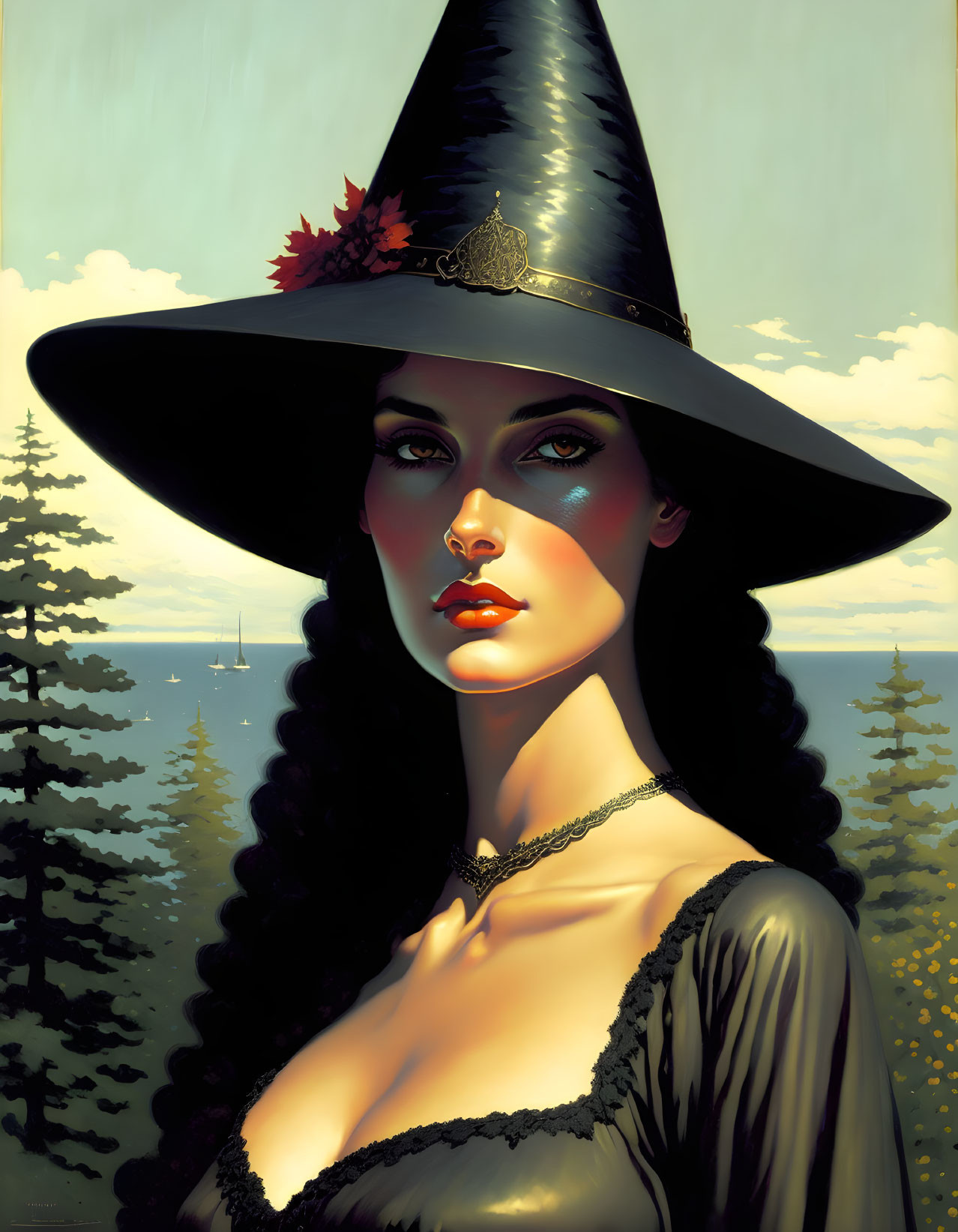 Illustrated woman with black hair and witch's hat in nature scene