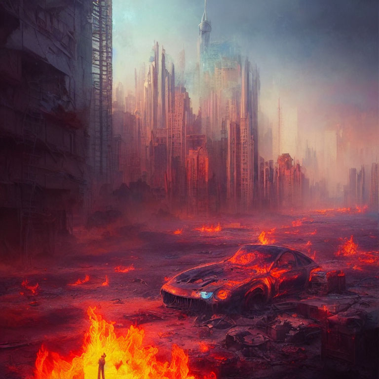 Desolate Urban Landscape in Flames and Smoke