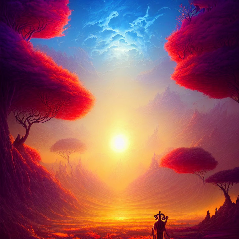 Colorful Fantasy Landscape with Magenta Foliage and Orange Sky