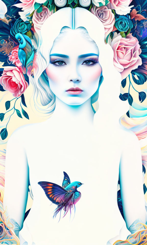 Surreal portrait of pale woman with white hair amid vibrant flowers and colorful birds