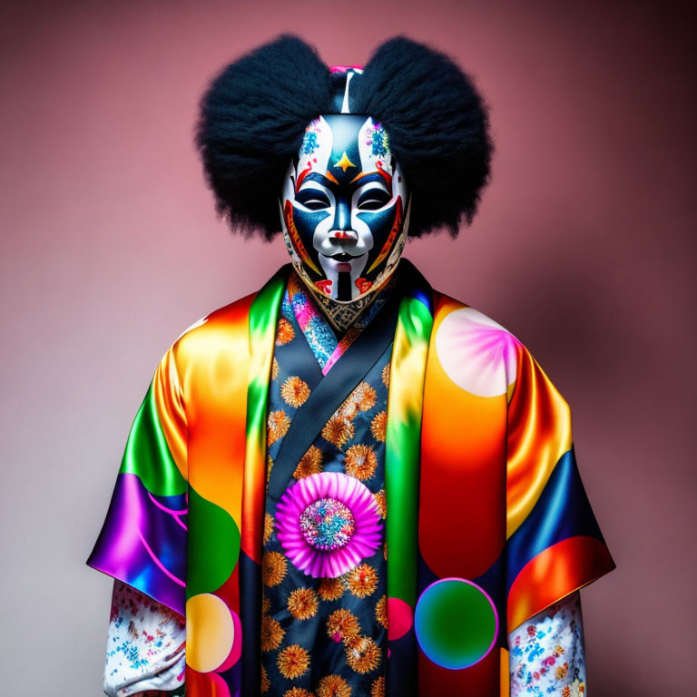 Colorful Traditional Attire and Intricate Full-Face Mask on Pink Background