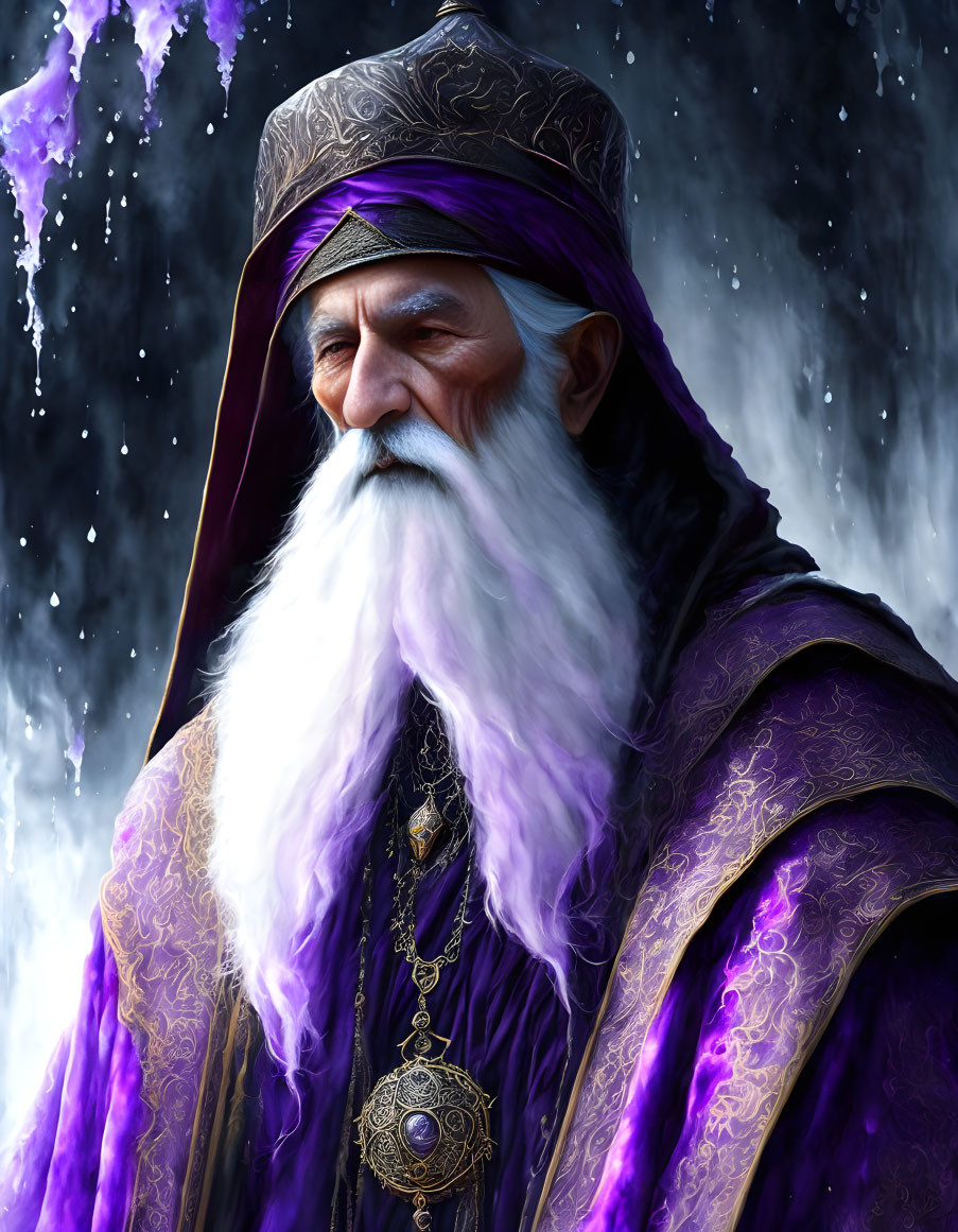 Elderly wizard in purple robe and hat with amulet in mystical setting