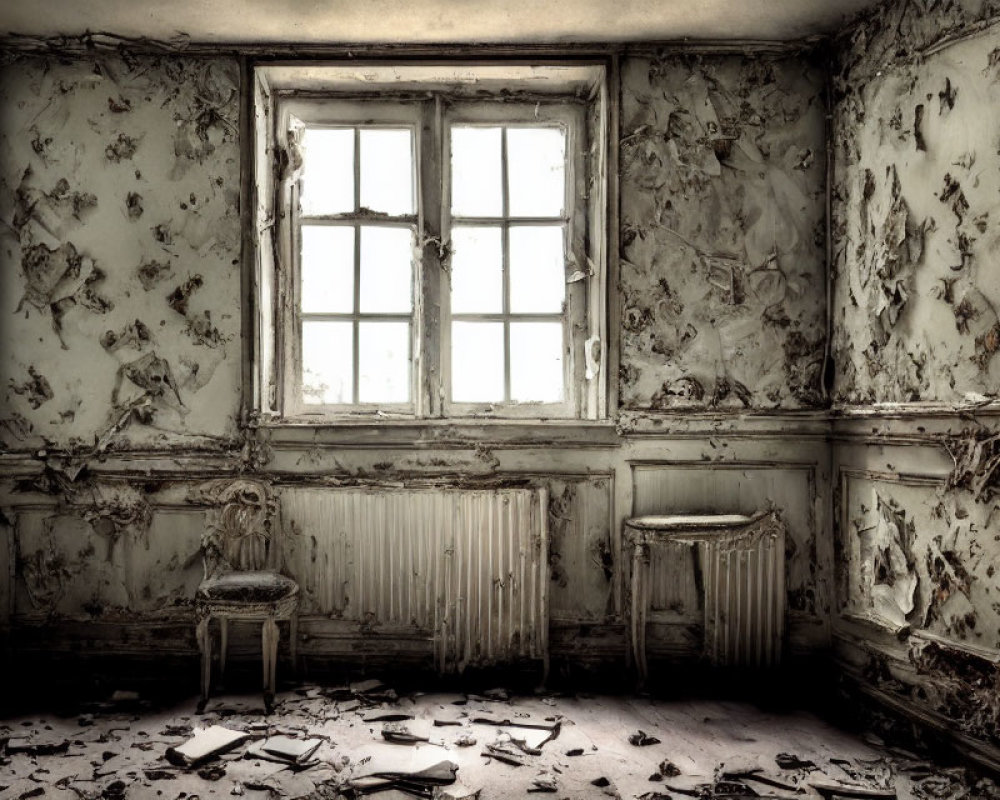 Abandoned Room with Peeling Wallpaper and Dusty Floor