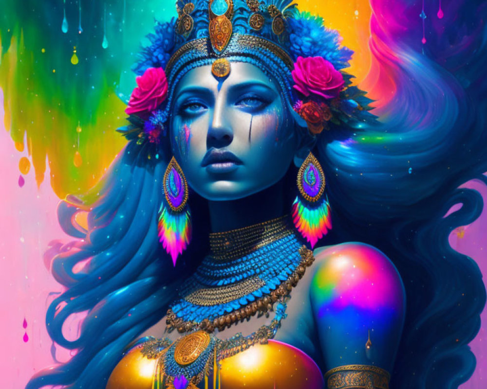 Vibrant artwork featuring blue-skinned female figure with elaborate gold headdress and jewelry