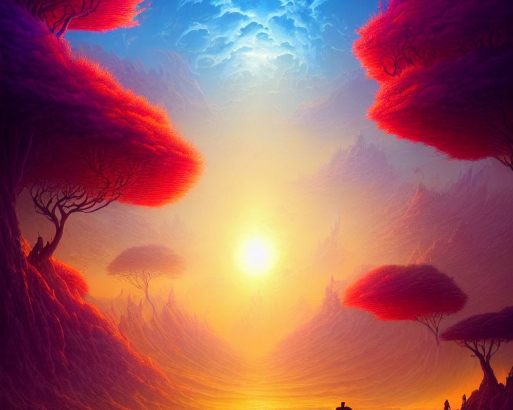 Colorful Fantasy Landscape with Magenta Foliage and Orange Sky