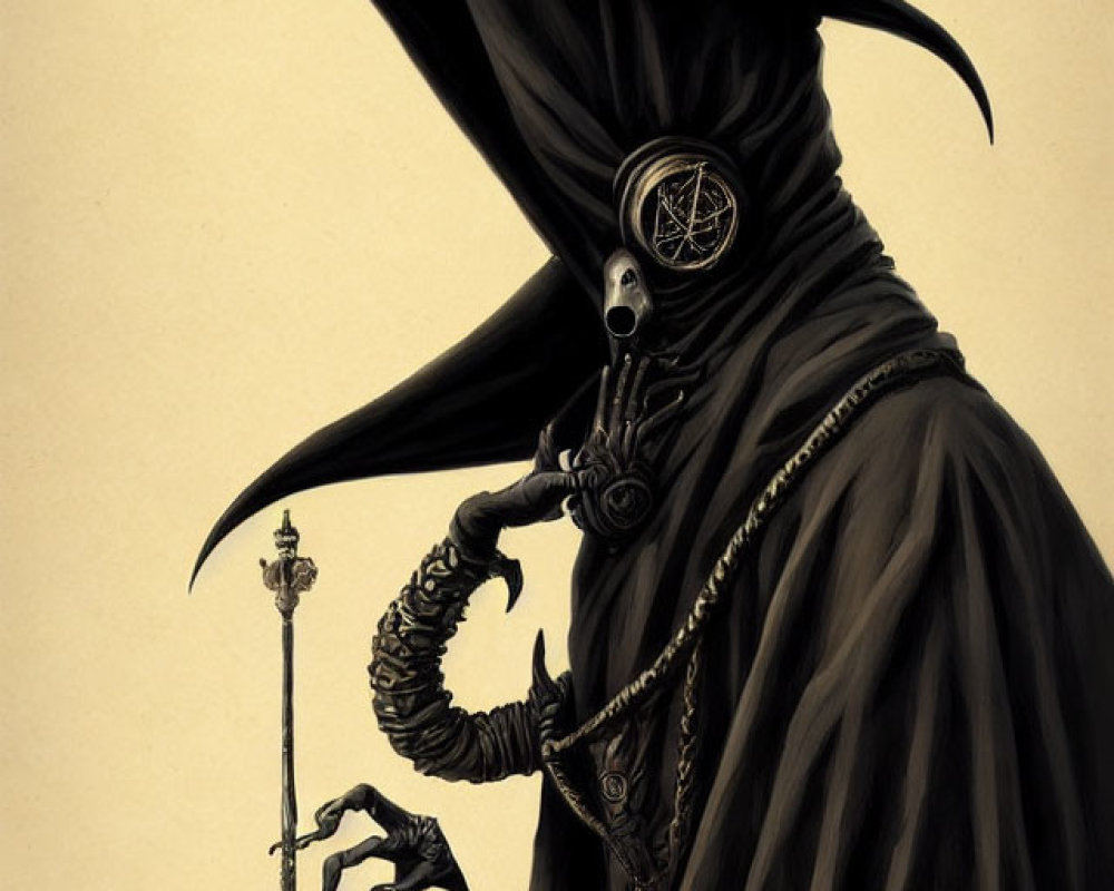 Mysterious cloaked figure with dark symbols and staff