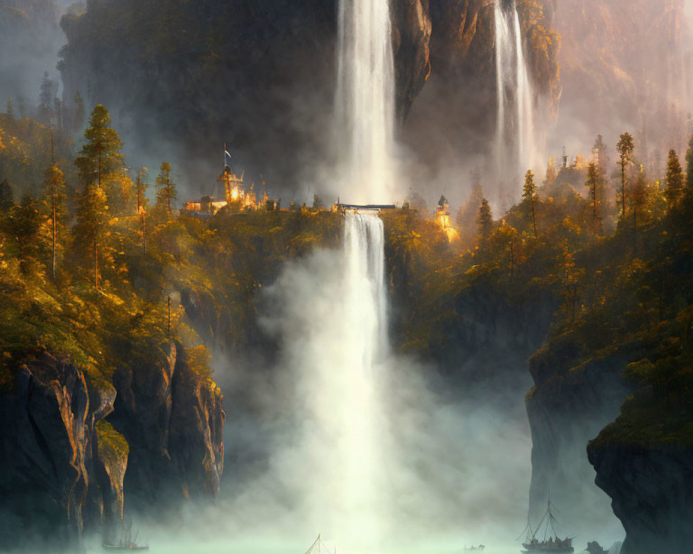 Majestic waterfall cascading by castle and boats in misty landscape