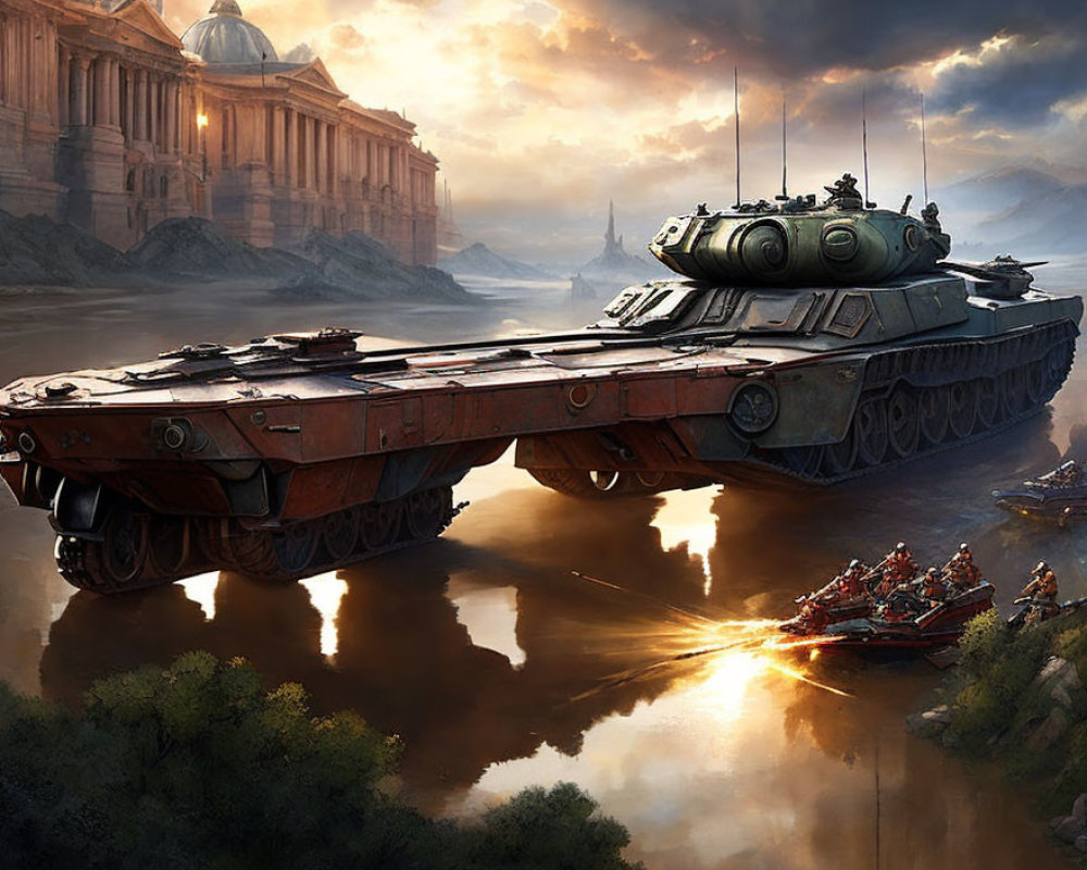 Futuristic tank hovers over river near classical building at sunset