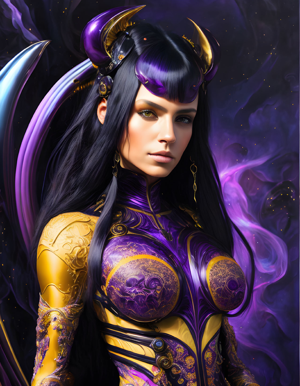 Digital artwork: Woman with violet eyes, horned headgear, golden armor, cosmic purple backdrop