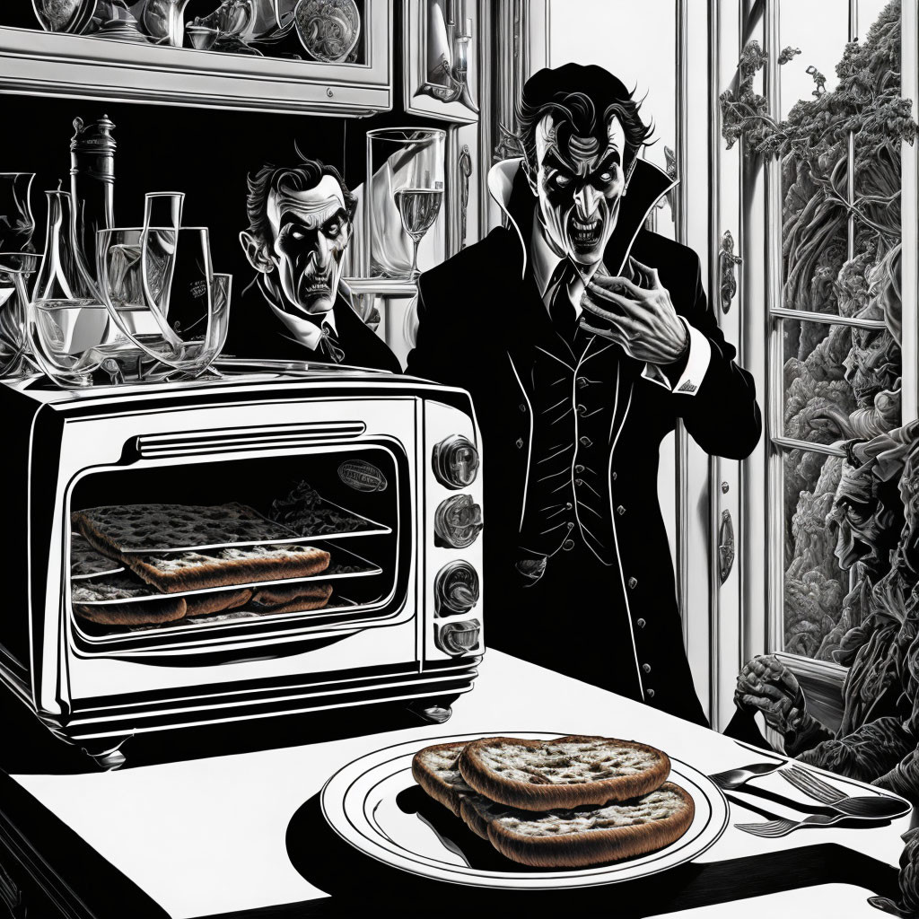 Illustration of two men in a black-and-white kitchen with burnt toast and a sandwich.