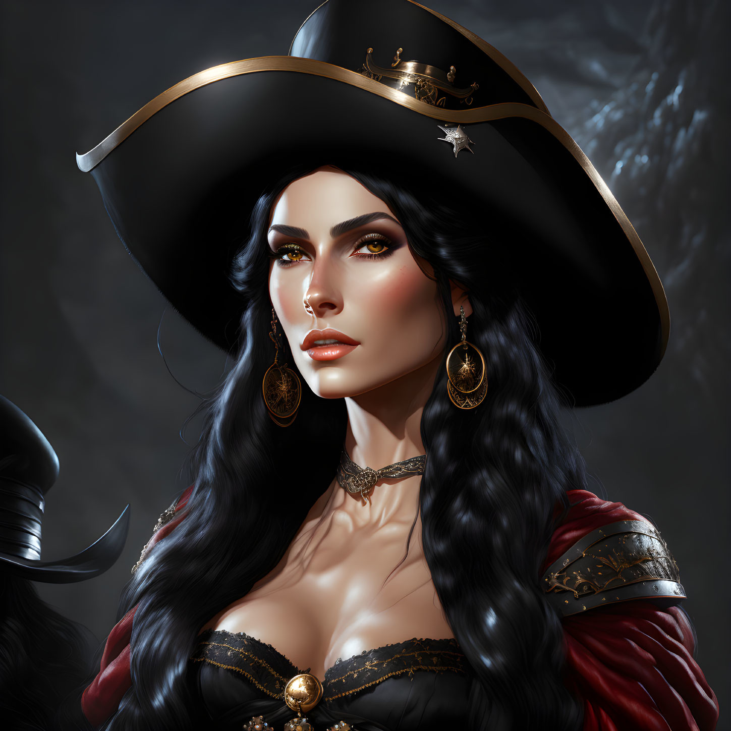 Digital artwork of a woman with pirate aesthetic: tricorne hat, gold earrings, red & black