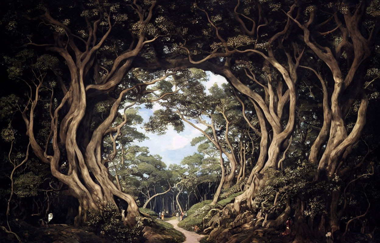 Twisting Forest Path with Archway Trees and Peaceful Figures