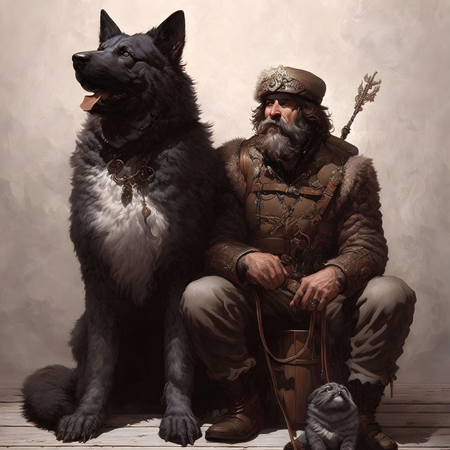 Bearded man in fur attire with wolf and cat in nature