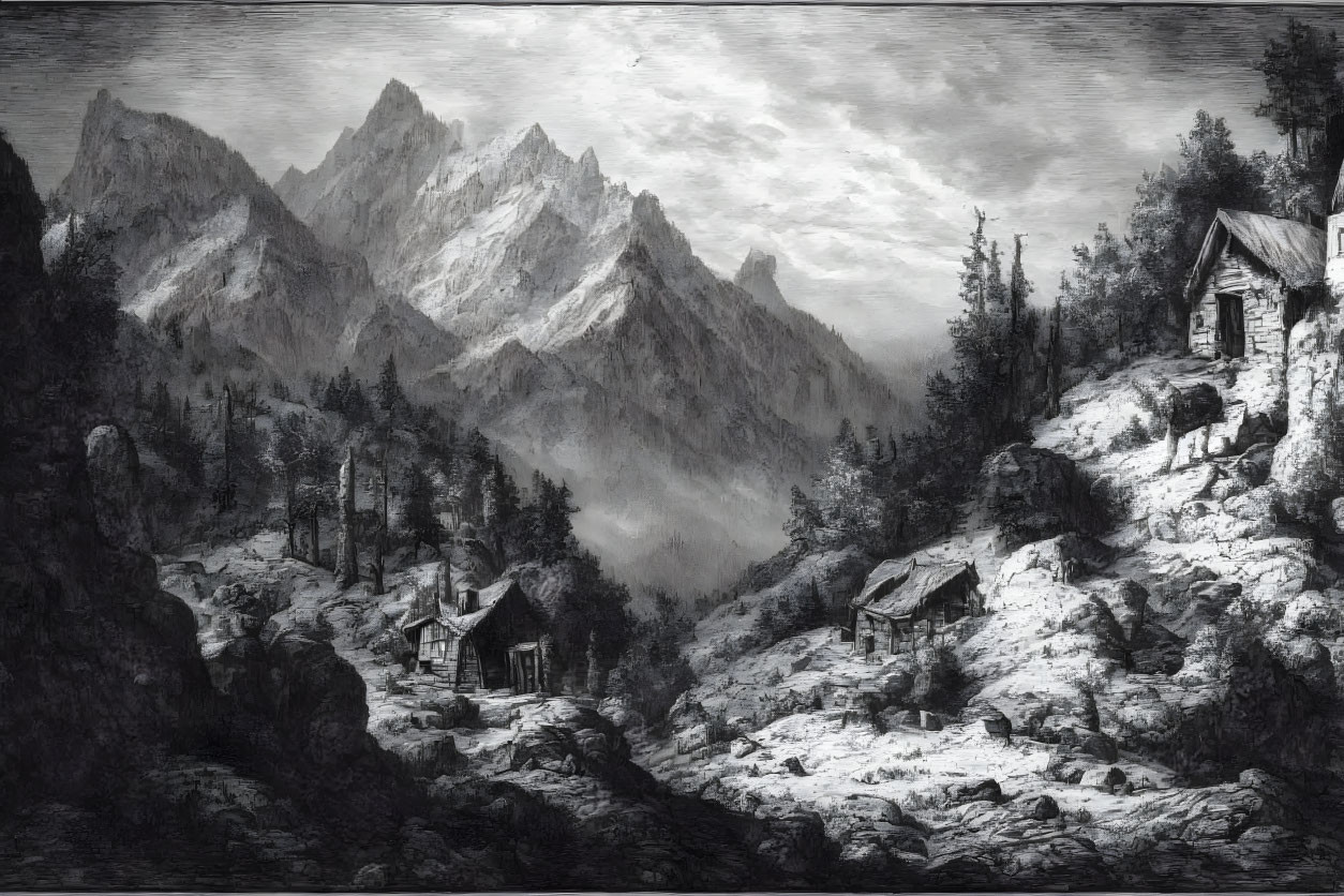 Monochrome illustration of mountainous landscape with rugged peaks, forest, cabins, and cloudy sky.