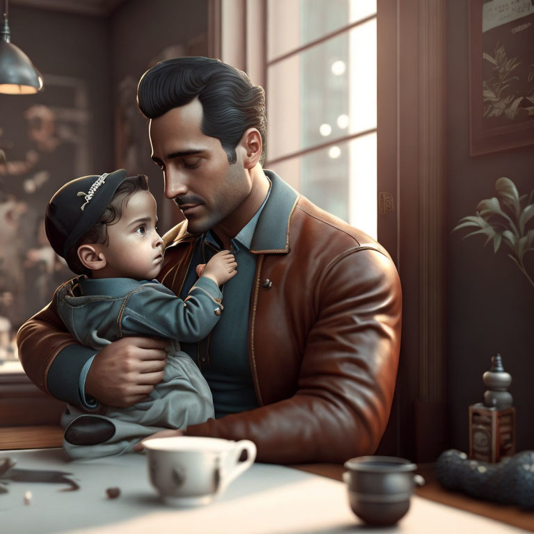 Father and child share a tender moment indoors, father in a brown leather jacket holding child in a cap