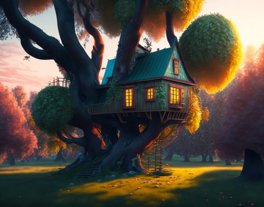 Enchanting treehouse with wooden ladder in magical tree at sunset