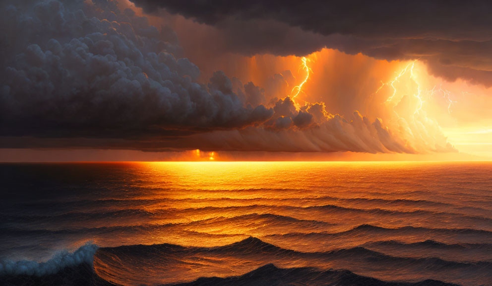 Stormy Ocean Scene with Lightning and Sunset Sky