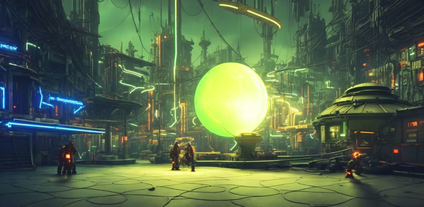 Futuristic neon-lit cityscape with glowing orb and figures in exosuits