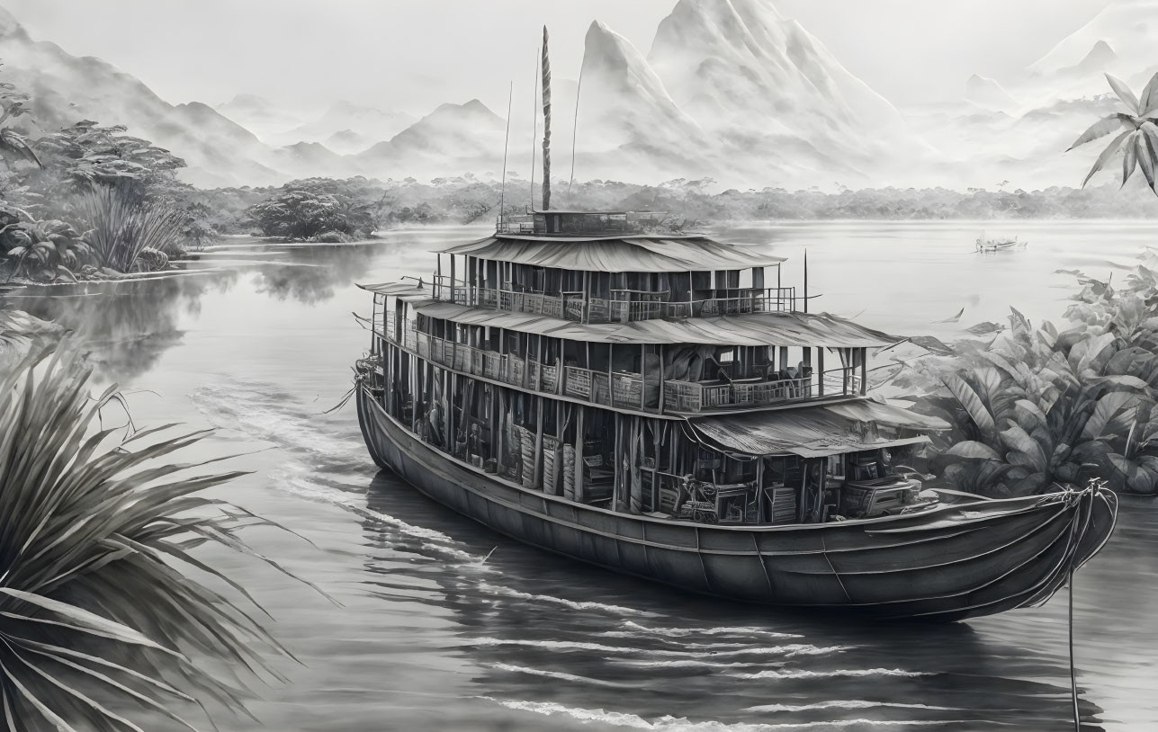 Monochrome illustration of anchored riverboat on calm waters