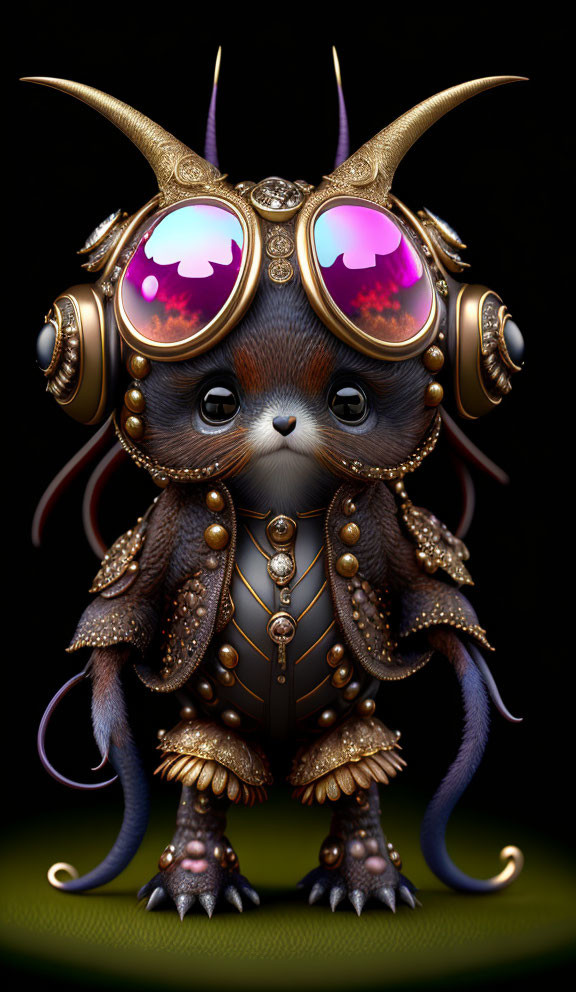 Steampunk-inspired creature with furry body, goggles, brass armor & horns on dark background