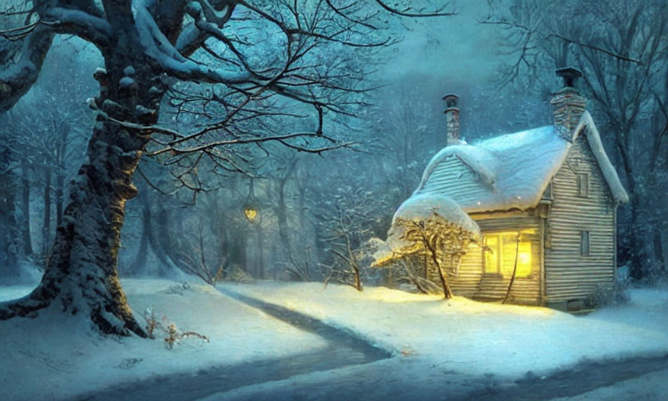 Snow-covered cottage in winter night with glowing streetlamp