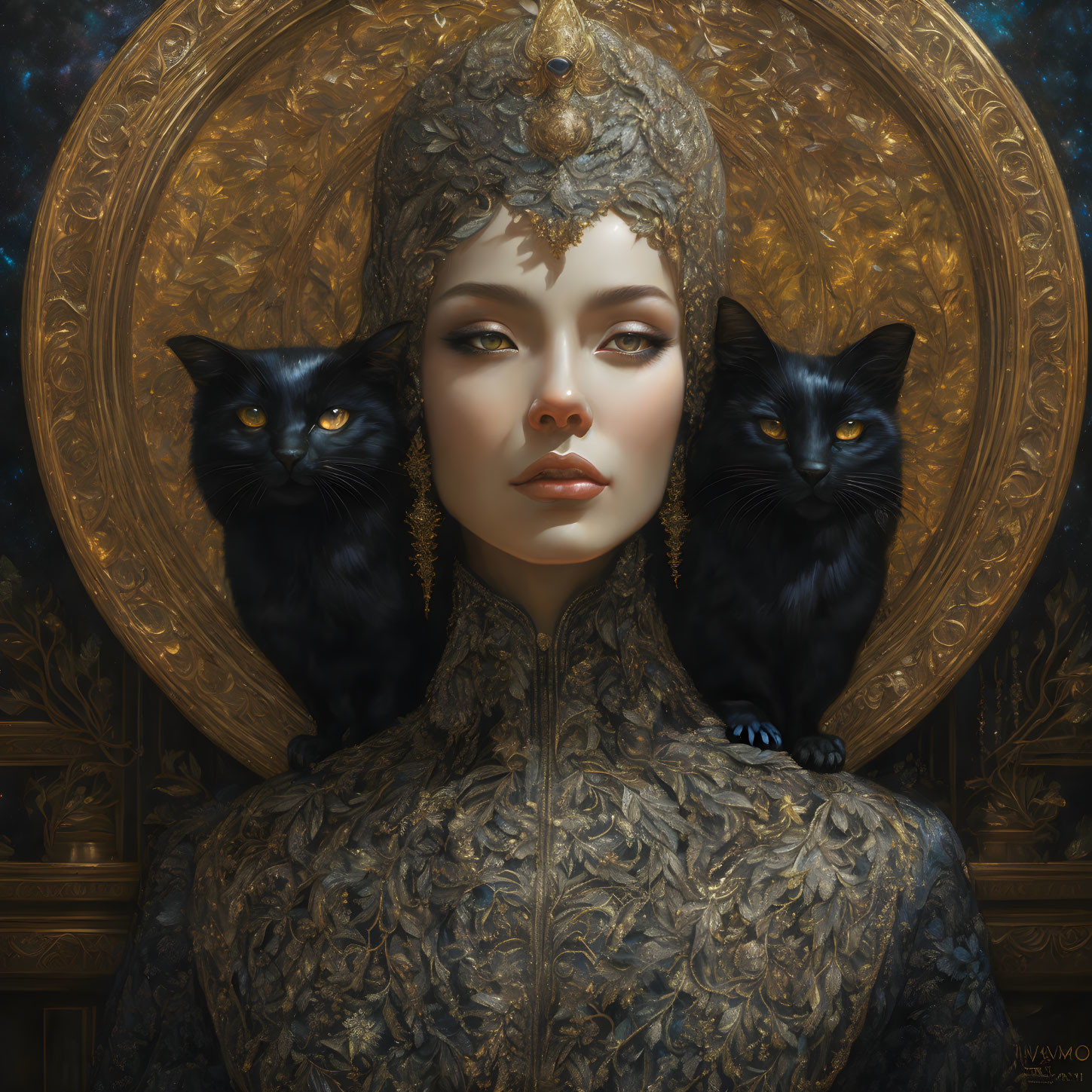 Regal woman with ornate headdress between black cats on golden backdrop