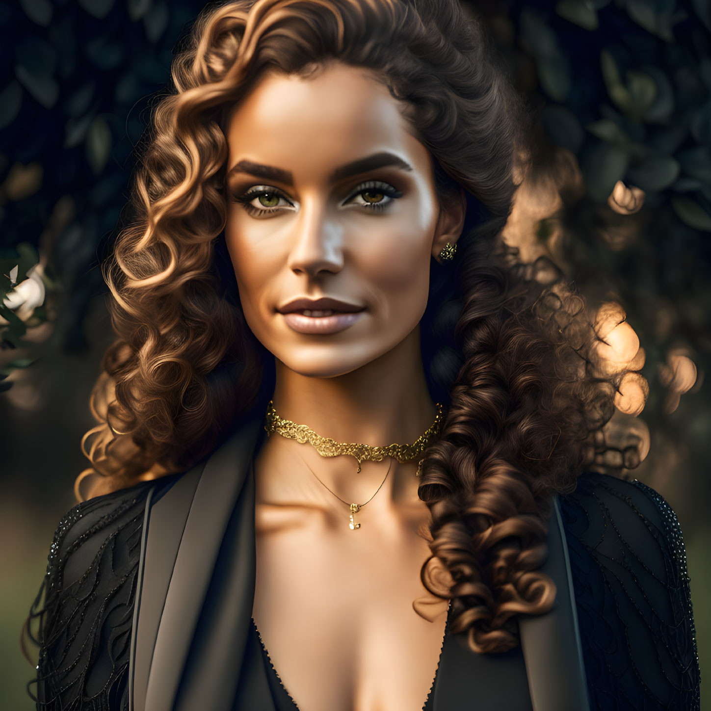 Portrait of Woman with Curly Hair, Green Eyes, Gold Jewelry, Black Outfit, Nature Background