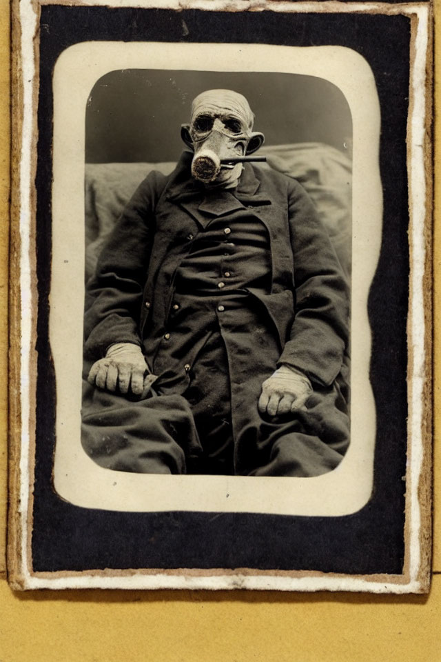 Elderly Man in Dark Suit with Vintage Gas Mask