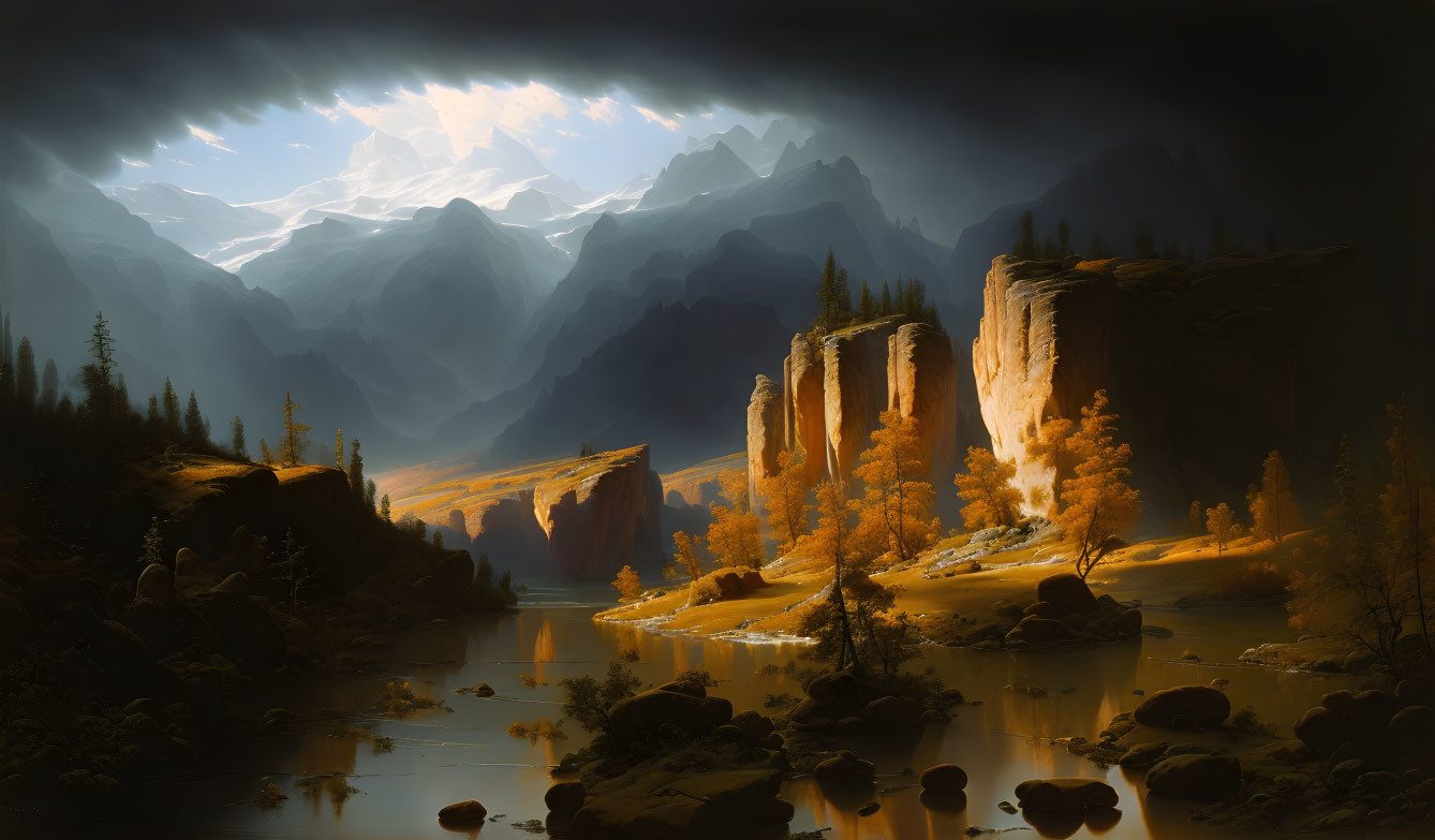 Majestic mountains, illuminated cliffs, autumn trees, and a calm river in serene landscape