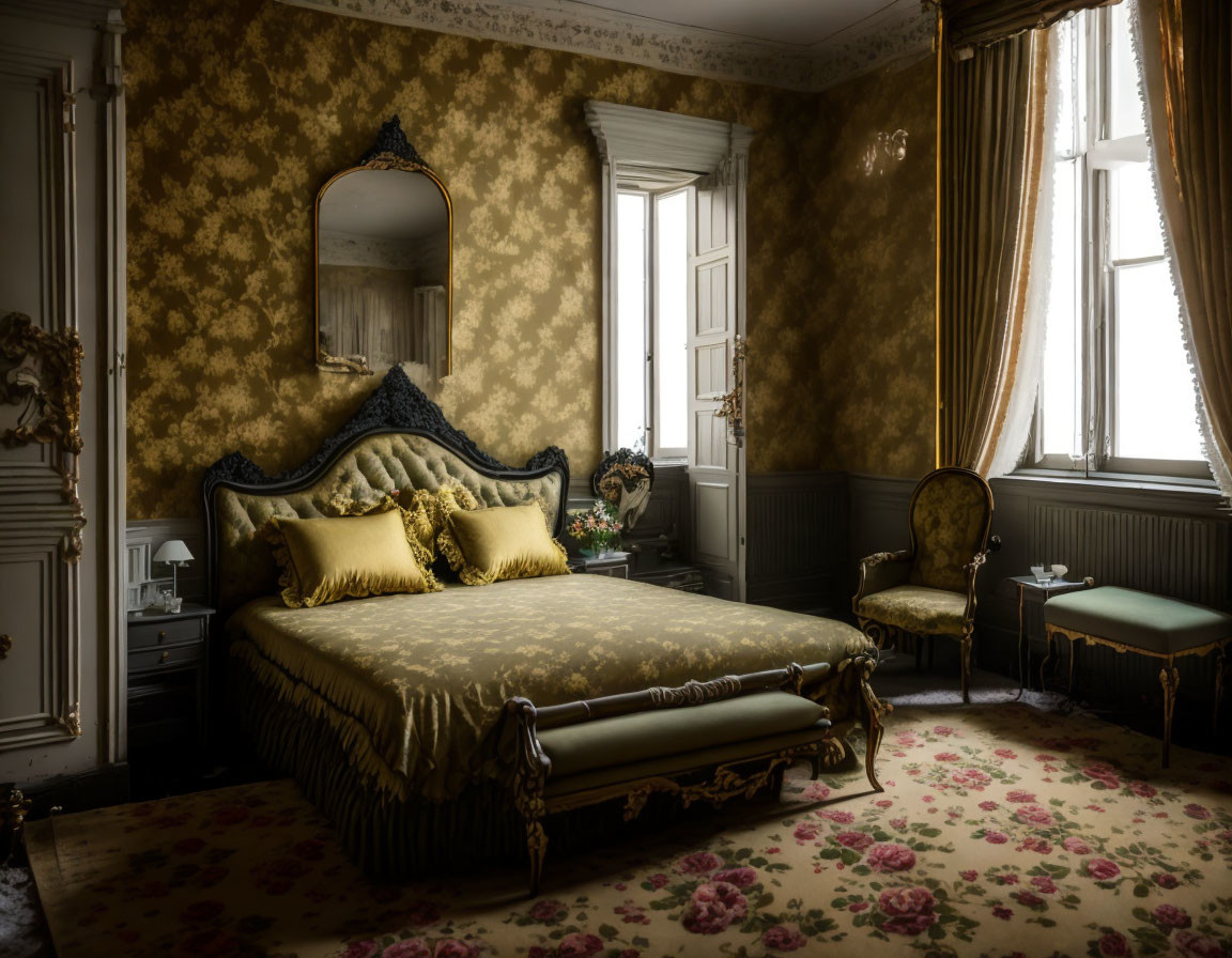 Vintage bedroom with ornate bed, plush pillows, side chair, and floral carpet.