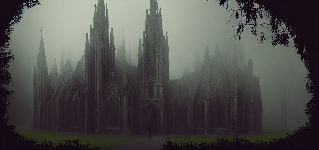 Gothic Cathedral in Dense Fog with Silhouetted Trees