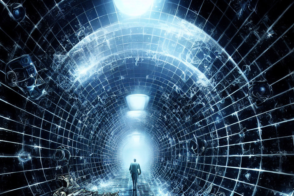 Person walking in futuristic tunnel towards bright light