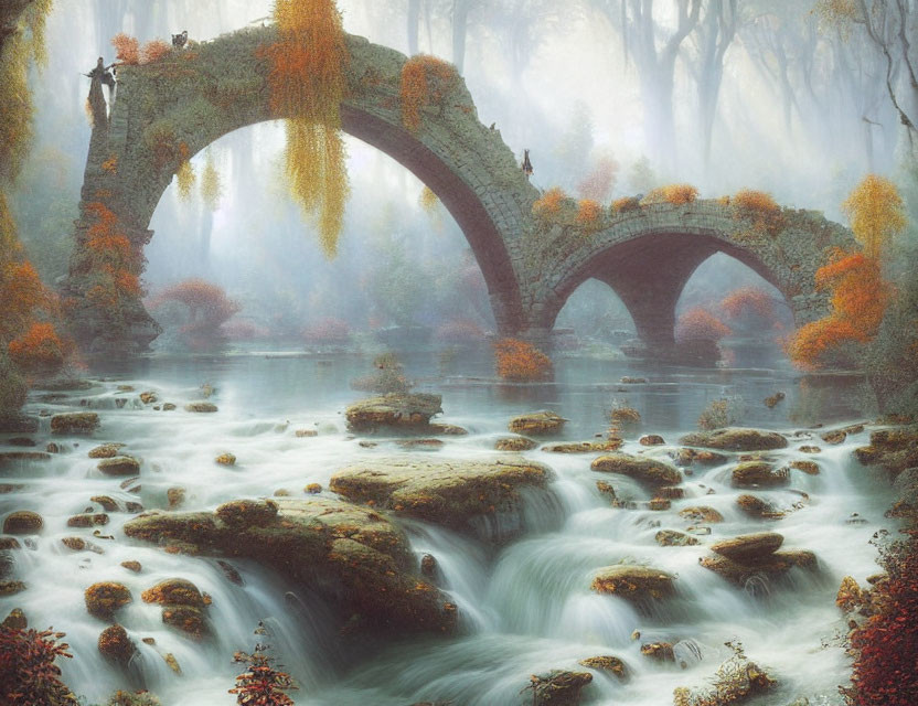 Ancient Stone Bridge Over Misty River in Enchanted Forest