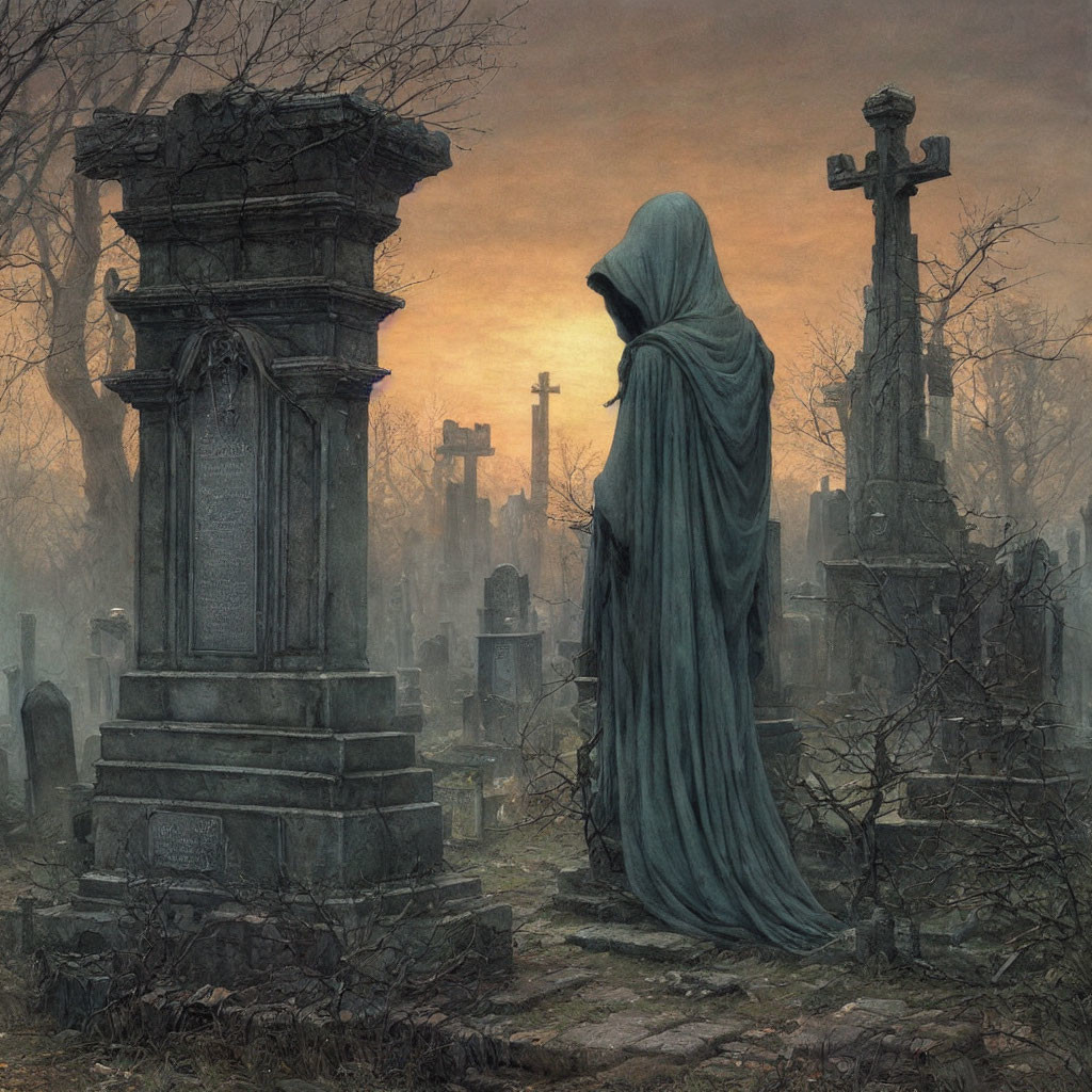 Cloaked Figure in Foggy Cemetery at Twilight