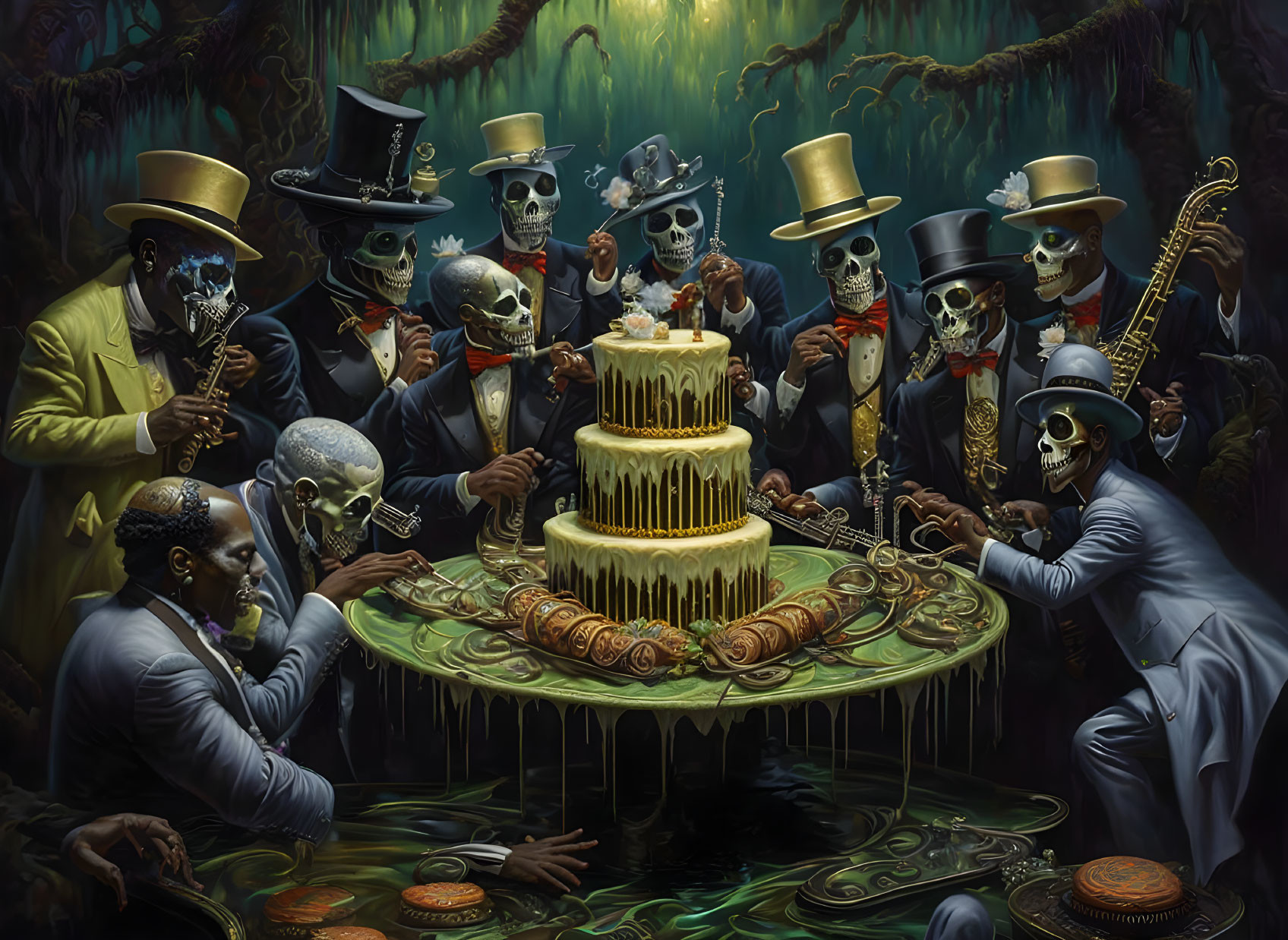 Skeletons playing jazz music in formal attire with cake in eerie forest