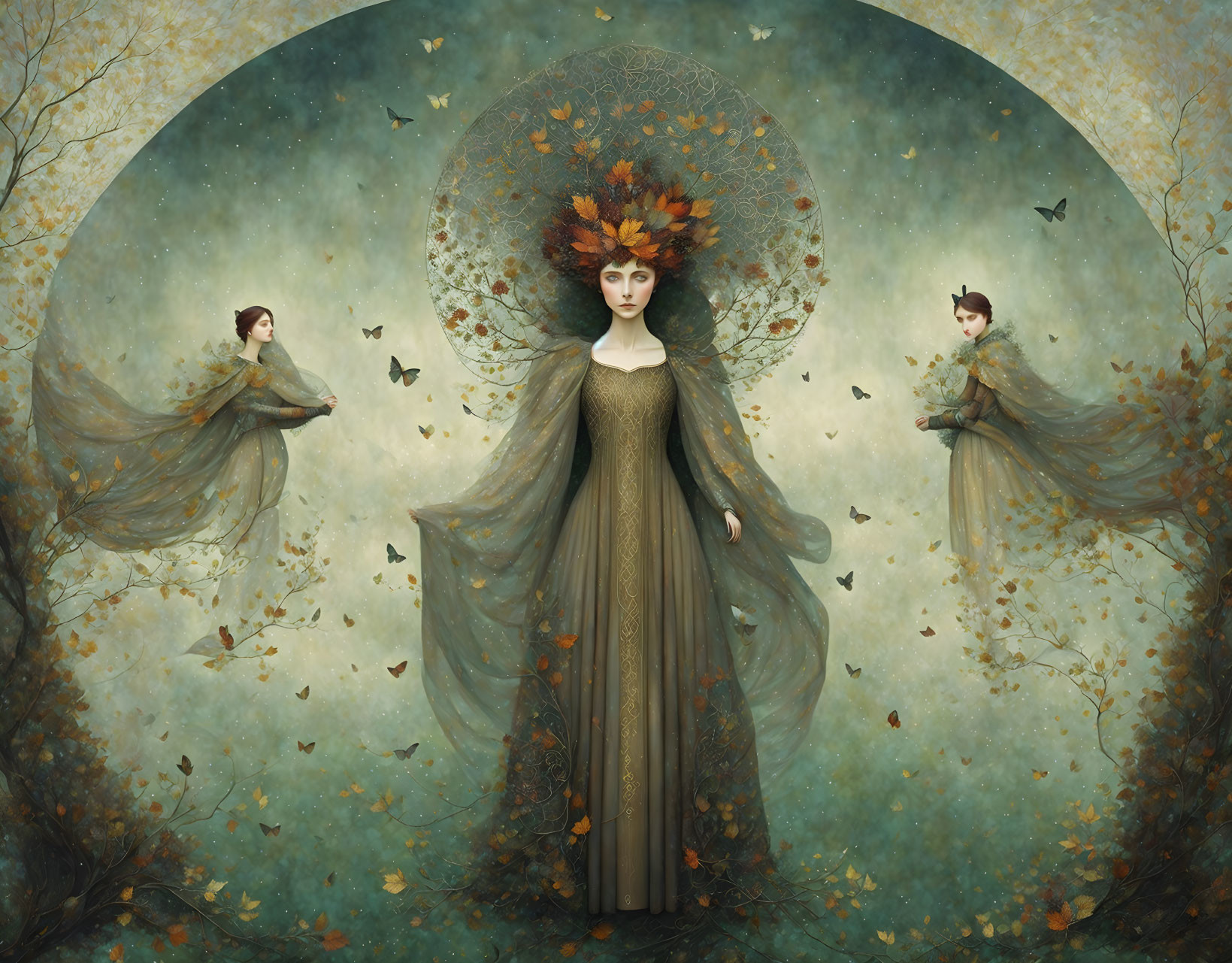 Fantasy illustration of woman with autumn headdress and ethereal figures