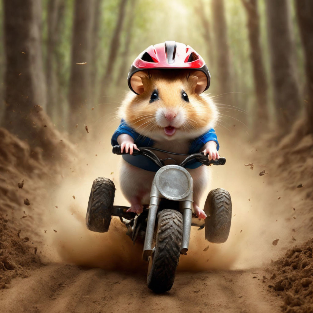 Hamster in red helmet and blue jacket rides motorcycle in forest trail