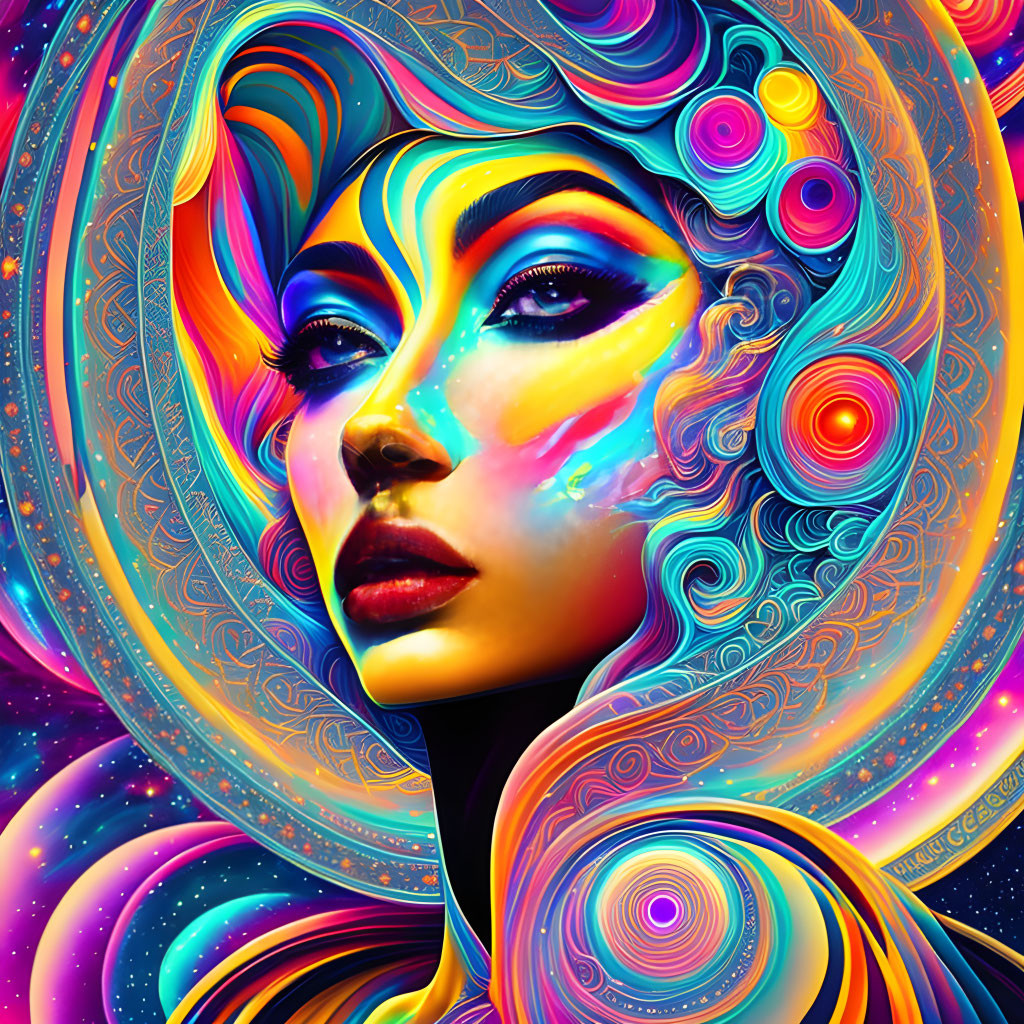 Colorful digital art: Woman surrounded by psychedelic patterns on starry background