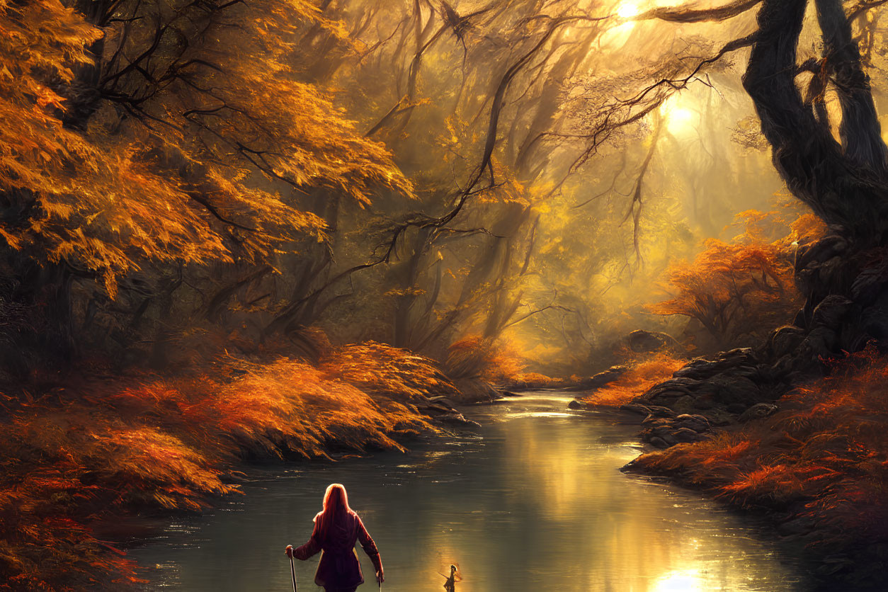 Person in red cloak by tranquil river in autumnal forest with golden leaves.